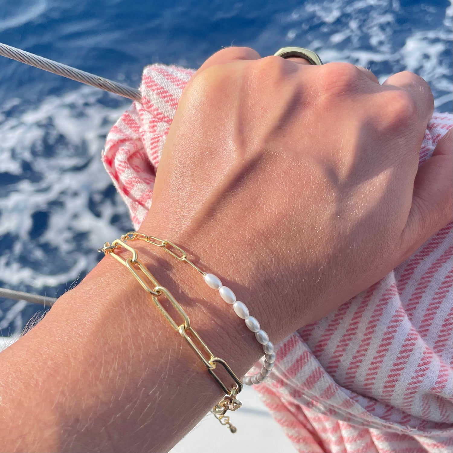 Stevie Pearl & Chain Link Bracelet, Gold - Zahra Jewelry