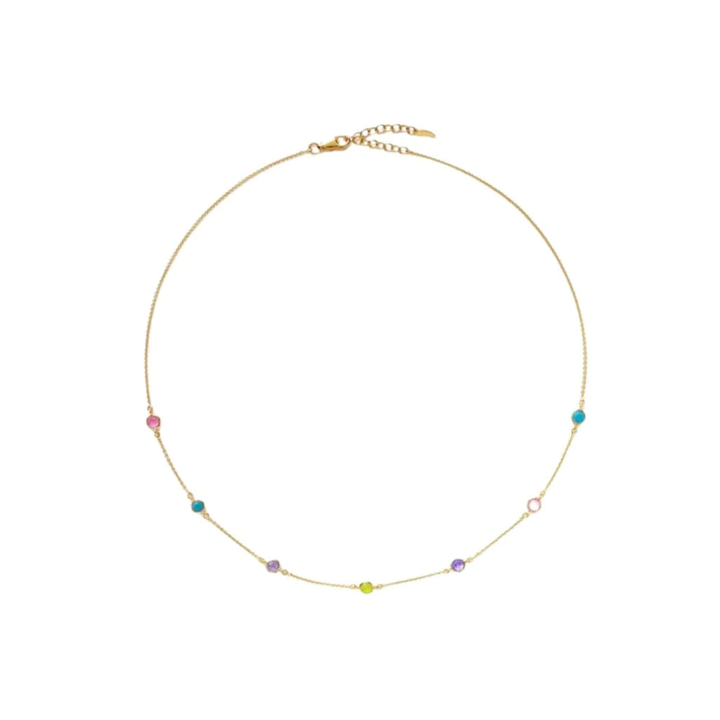 Raina Pave Multicolor CZ Gemstone Station Necklace, Gold - Zahra Jewelry