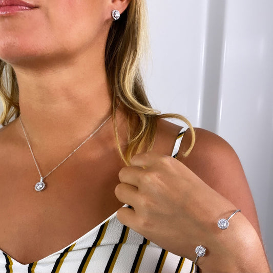 Ana Round CZ Diamond Stud Earrings, Silver - Zahra Jewelry