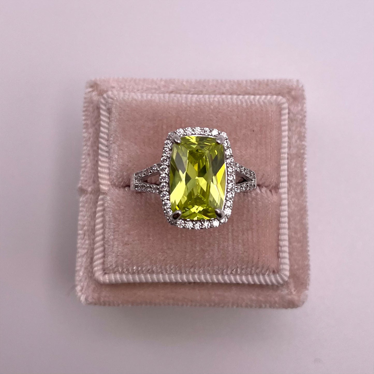 Apple 5 Ct. Radiant Cut CZ Peridot Ring, Silver - Zahra Jewelry