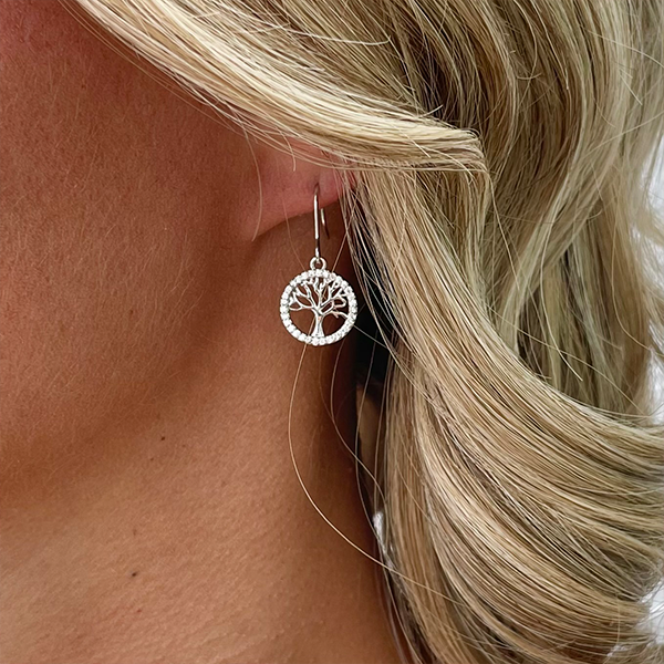 Arbol Tree of Life CZ Circle Drop Earrings, Silver - Zahra Jewelry