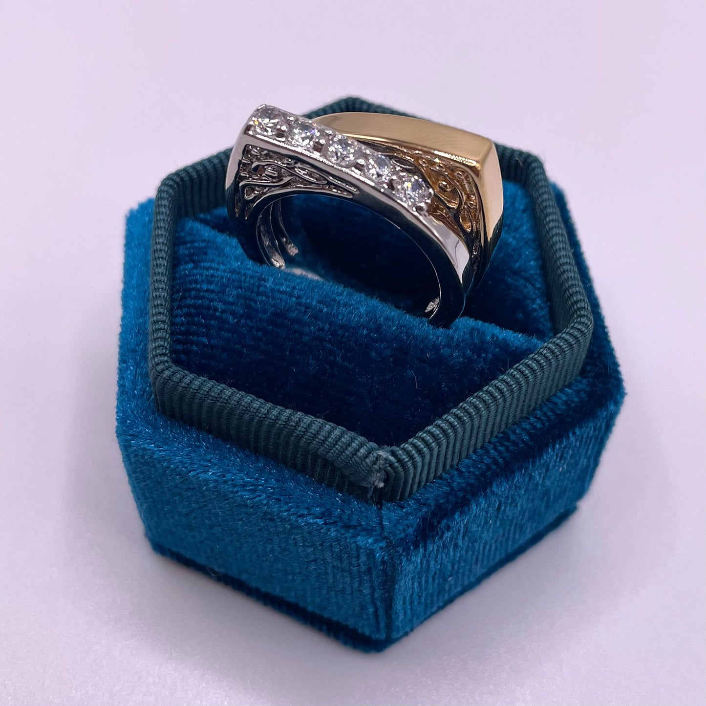 Ariel CZ Diamond Double Bar Ring, 2-Tone Silver Gold - Zahra Jewelry