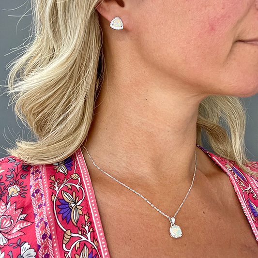 Aurora Square White Opal Pendant Necklace, Silver - Zahra Jewelry