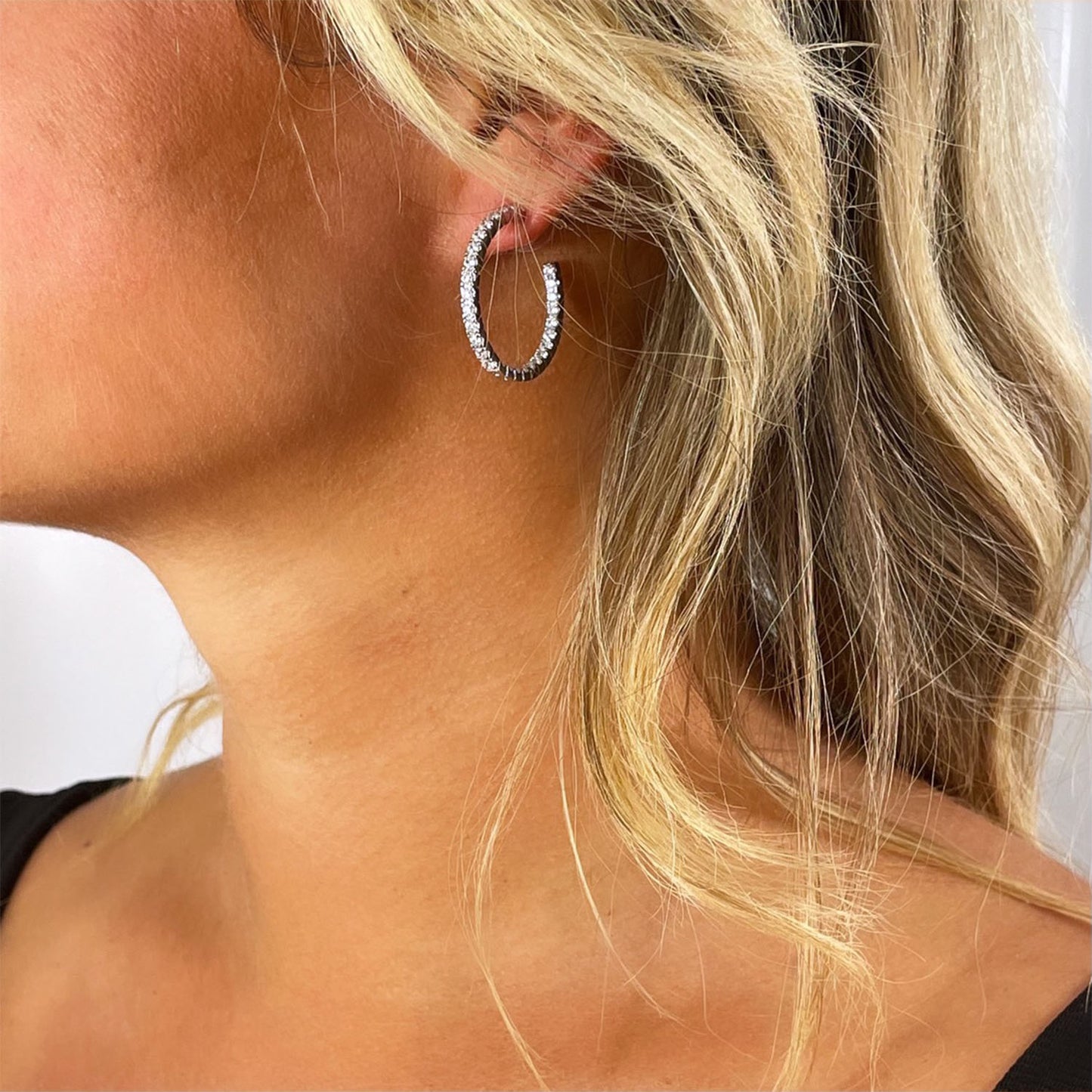 Bella 30mm Pave CZ Diamond Hoop Earrings, Silver - Zahra Jewelry