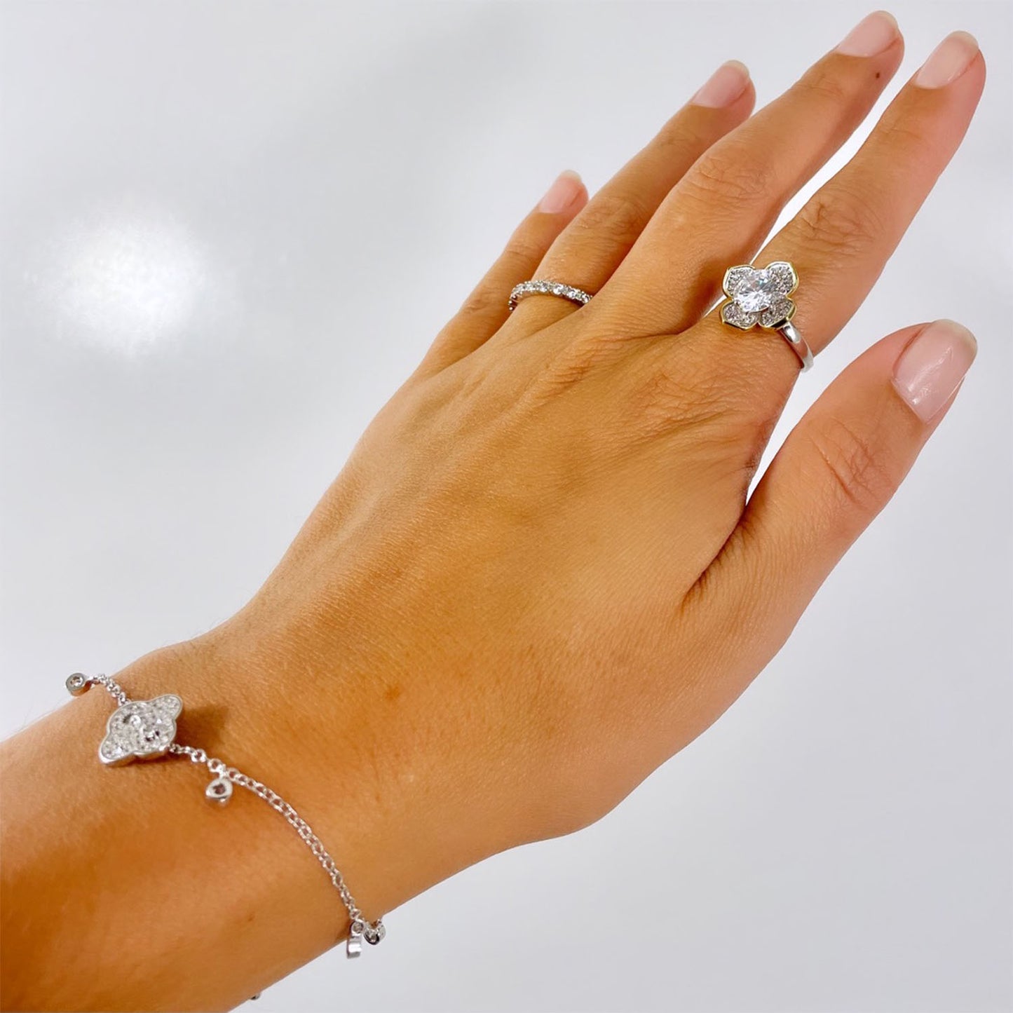 Fleur 2 Ct. CZ Diamond Flower Ring, 2 Tone Silver & Gold - Zahra Jewelry