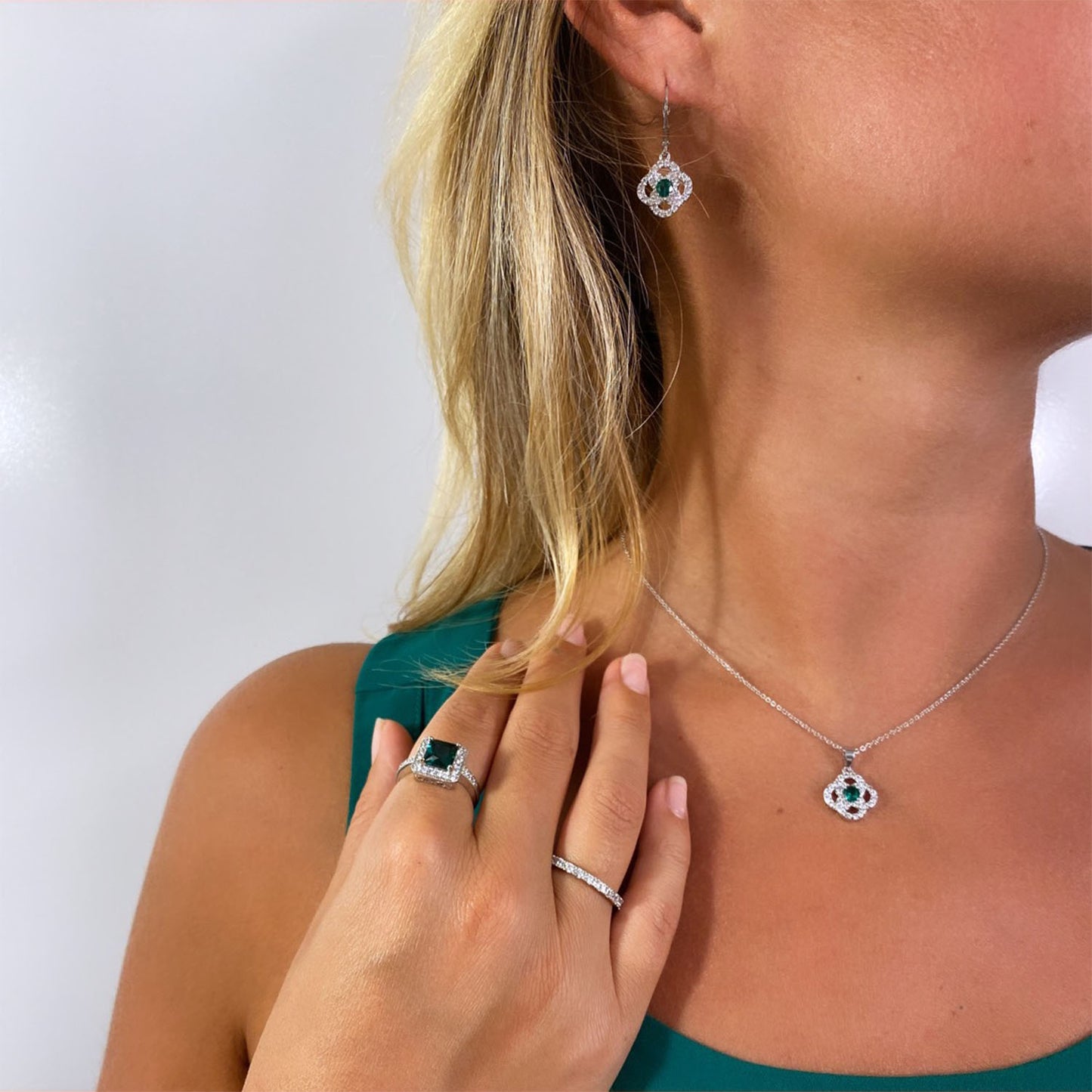 Cara .25 Ct. CZ Emerald Clover Drop Earrings, Silver - Zahra Jewelry