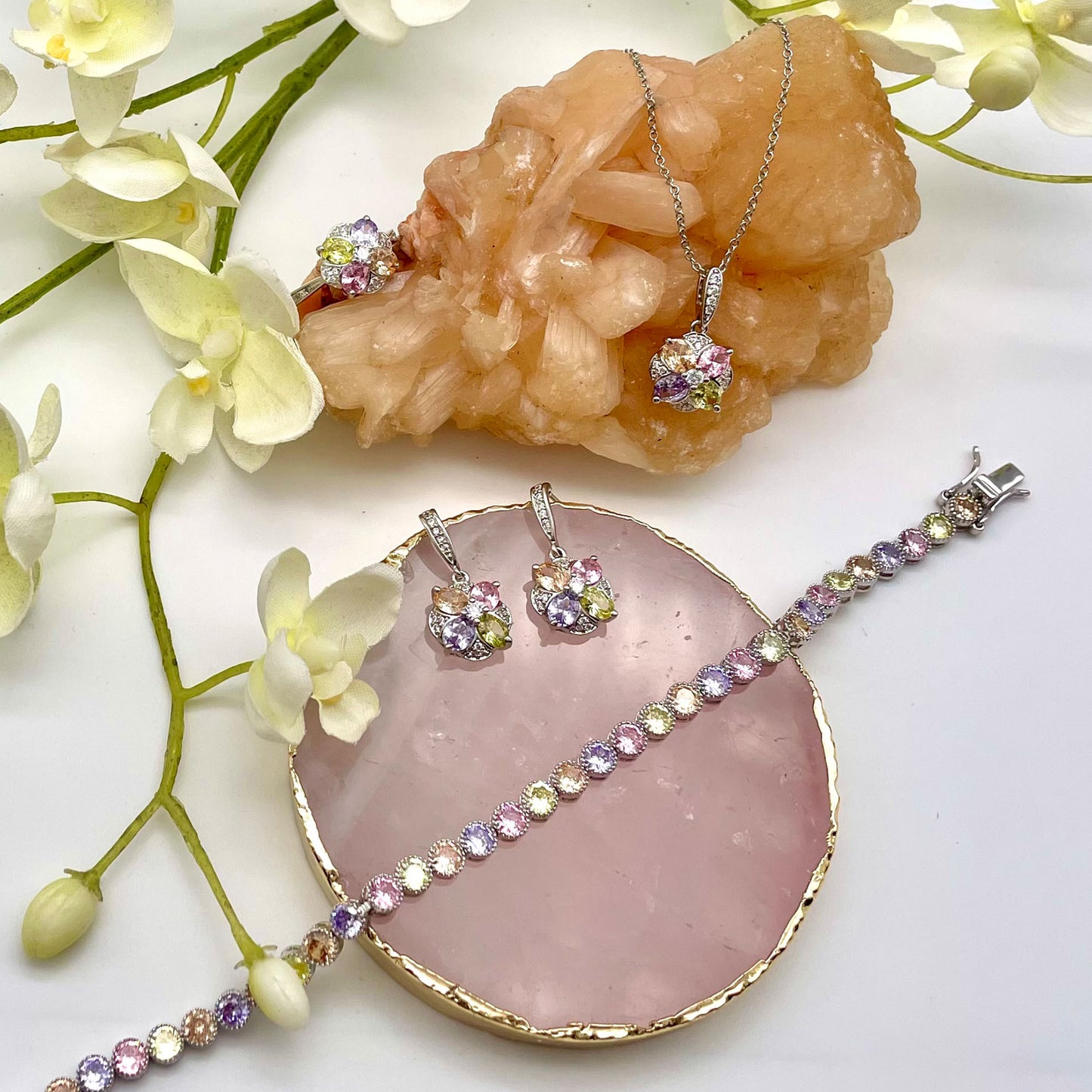 Chloe Pastel CZ Flower Set, Silver - Zahra Jewelry