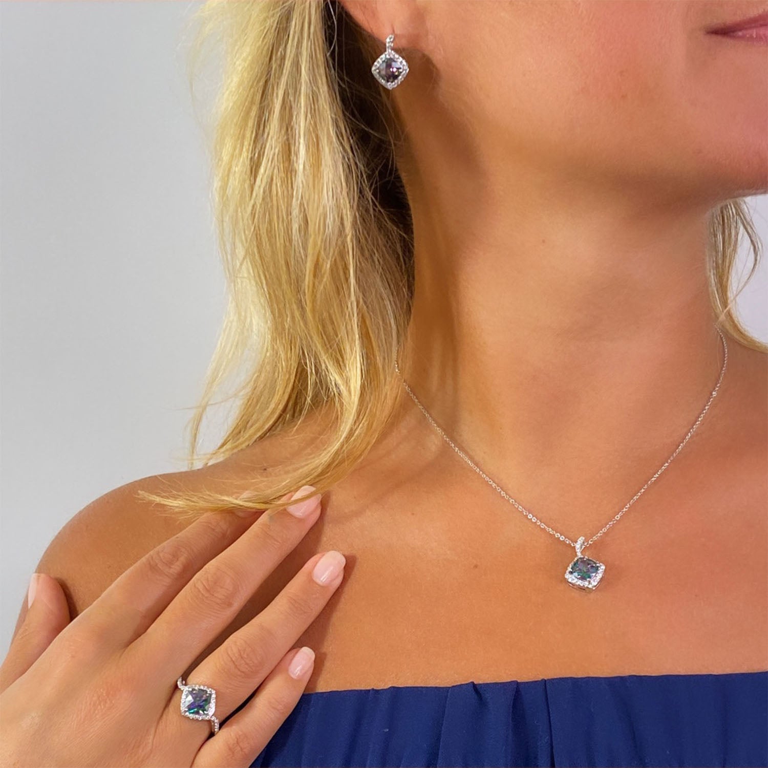 Daphne Cushion Cut CZ Mystic Topaz Pendant Necklace, Silver - Zahra Jewelry