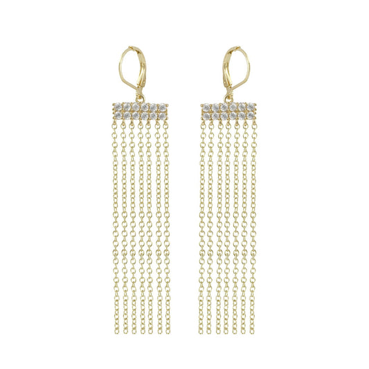 Mari Fringe Tassel Earrings with CZ Pave Diamonds, Gold - Zahra Jewelry
