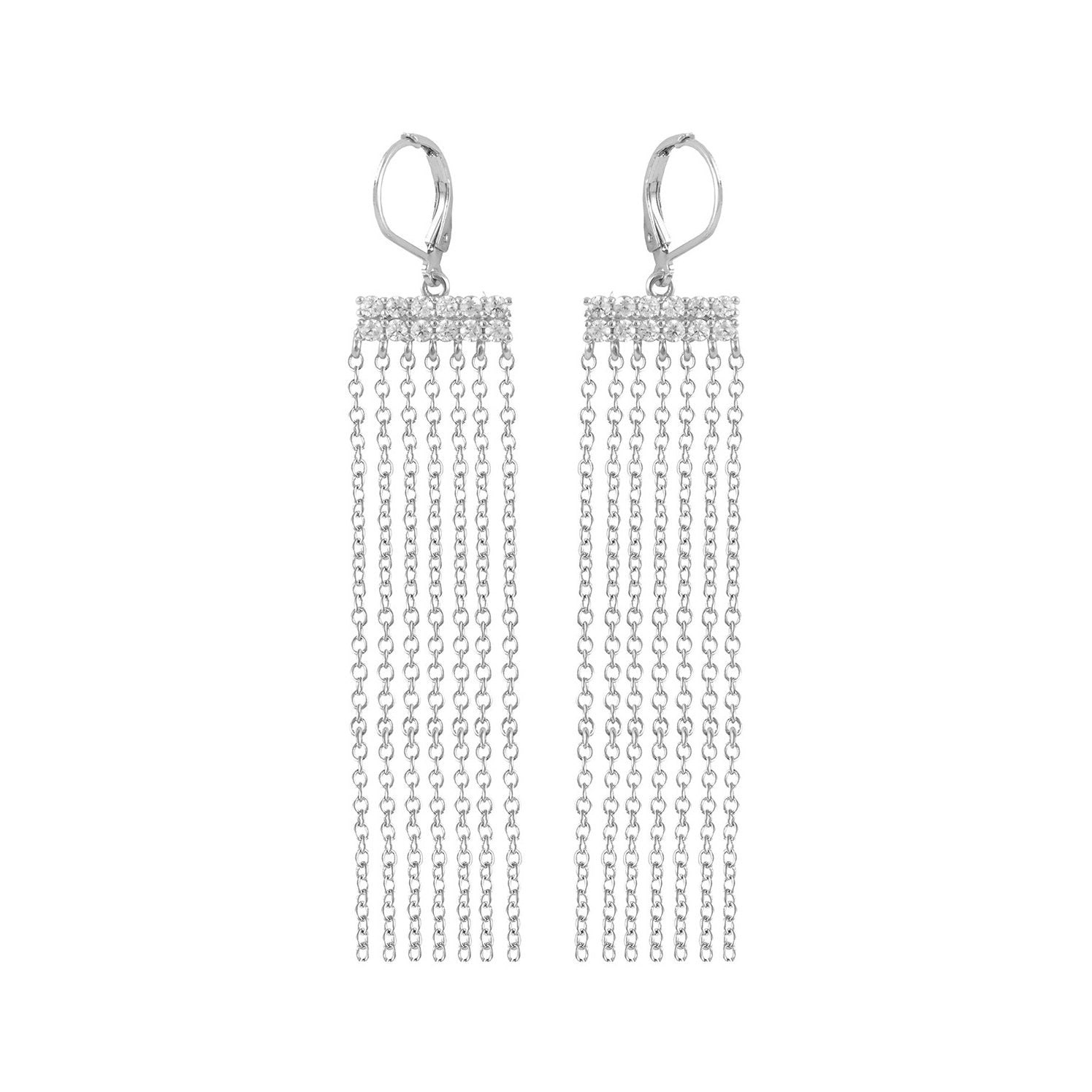 Mari Fringe Tassel Earrings with CZ Pave Diamonds, Silver - Zahra Jewelry