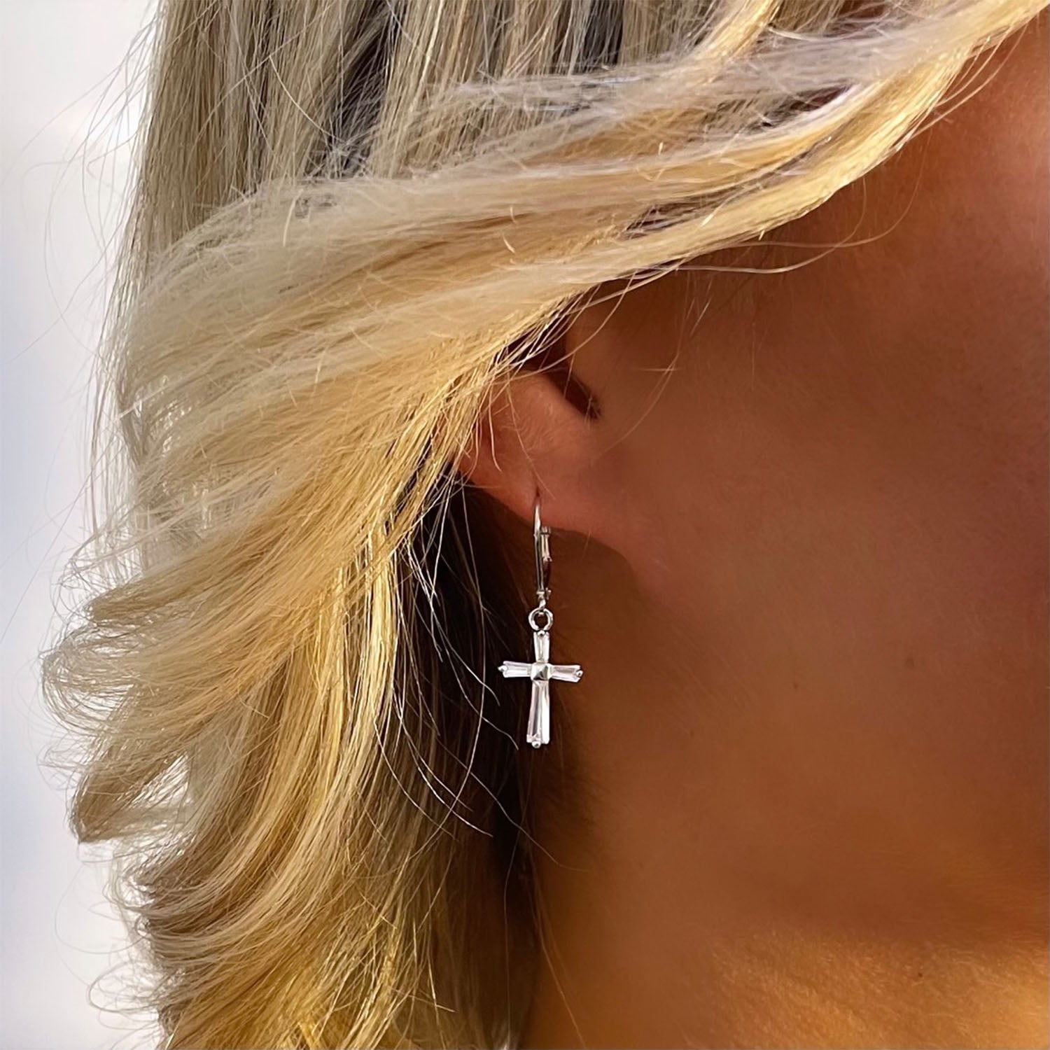 Eve CZ Diamond Cross Drop Earrings, Silver - Zahra Jewelry