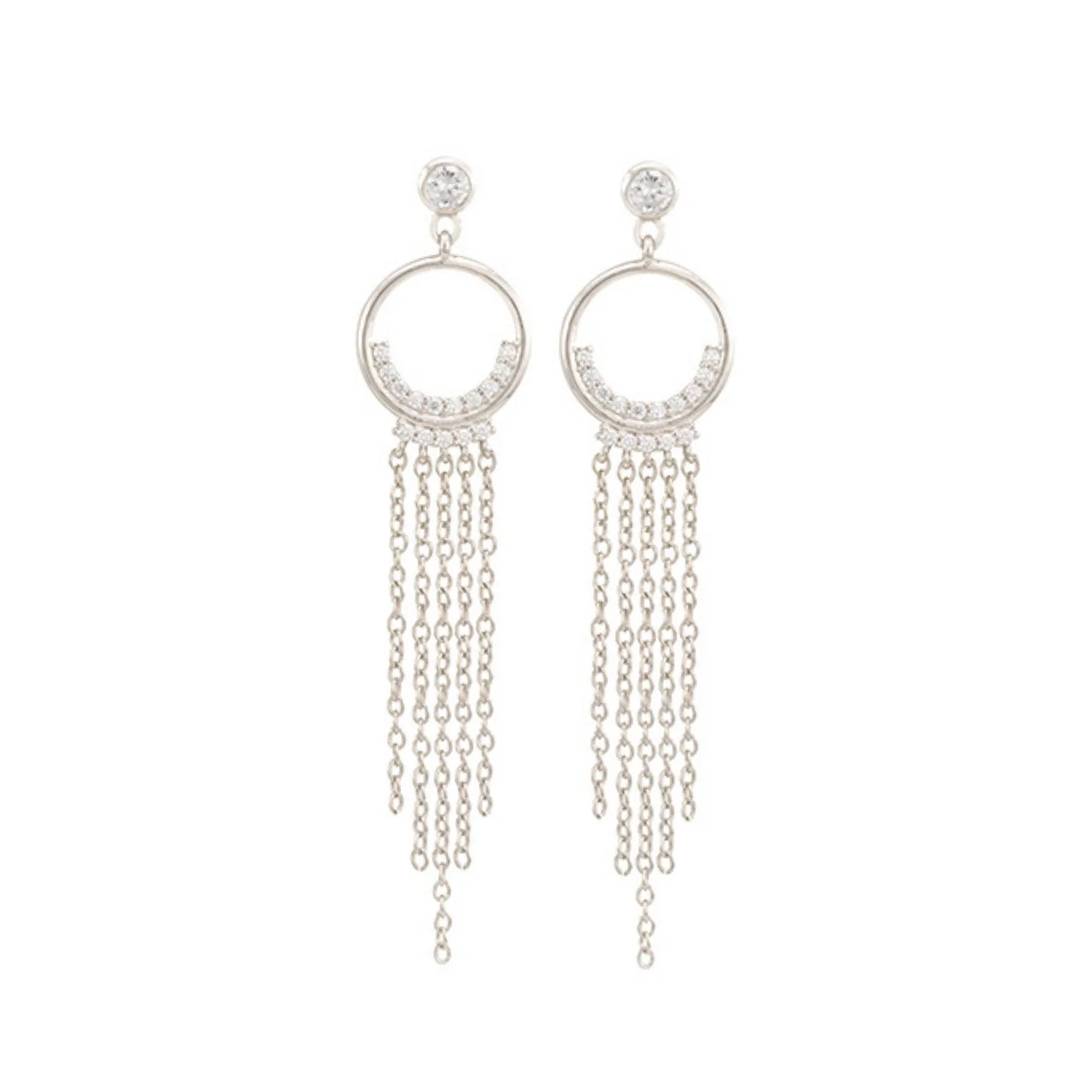 Simone CZ Pave Diamond Circle Fringe Earrings, Silver - Zahra Jewelry