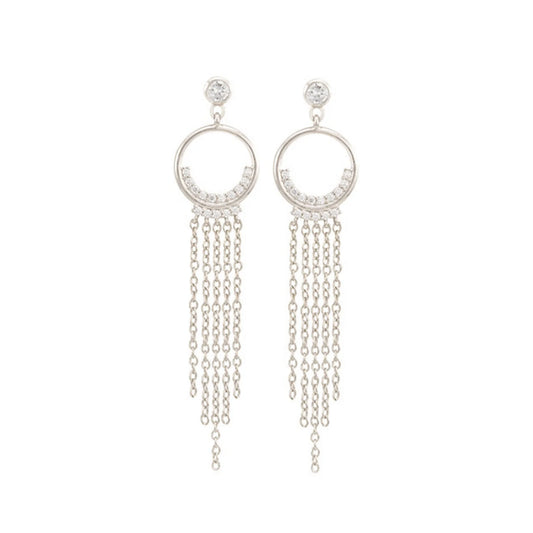 Simone CZ Pave Diamond Circle Fringe Earrings, Silver - Zahra Jewelry