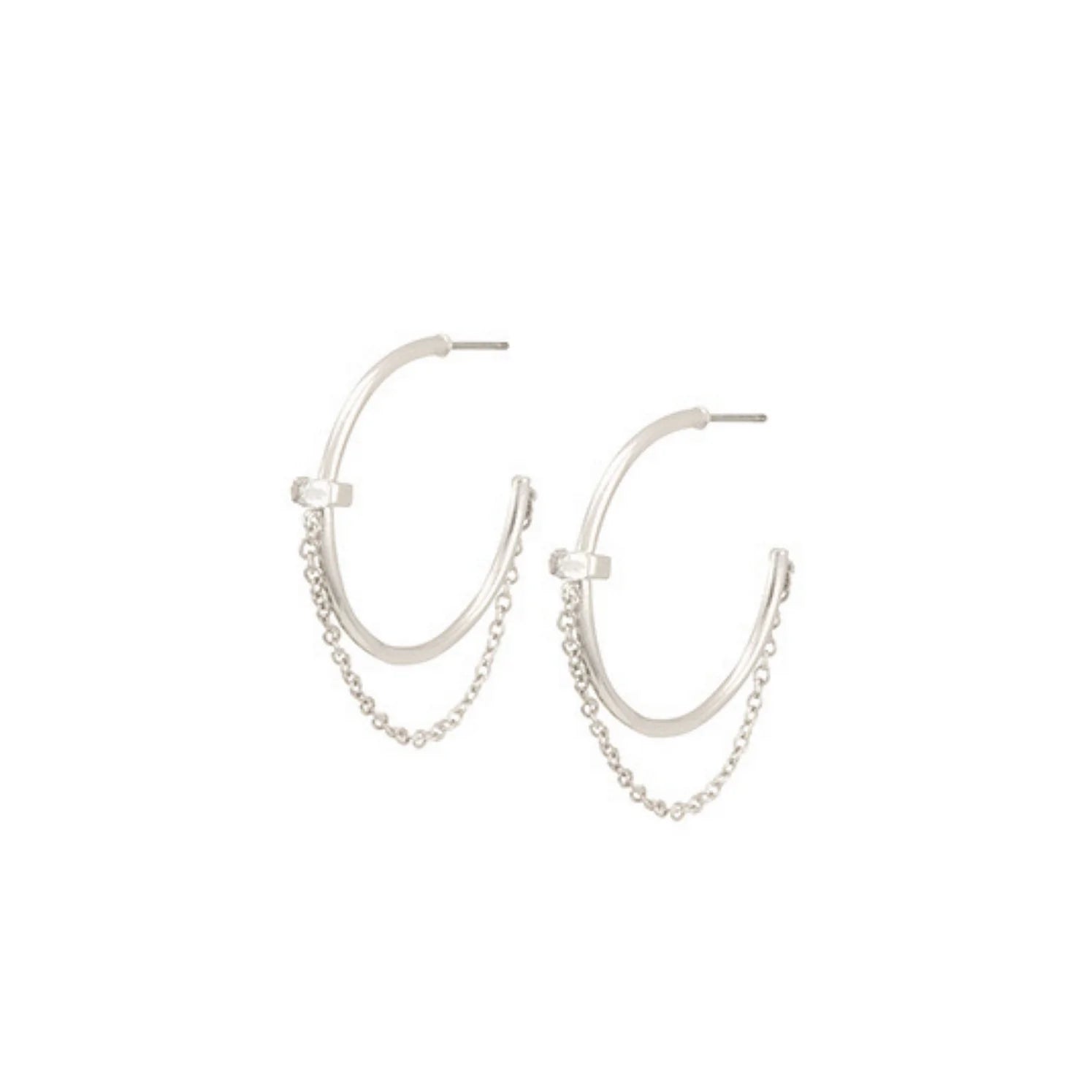 Naomi CZ Diamond and Chain Hoop Earring, Silver - Zahra Jewelry