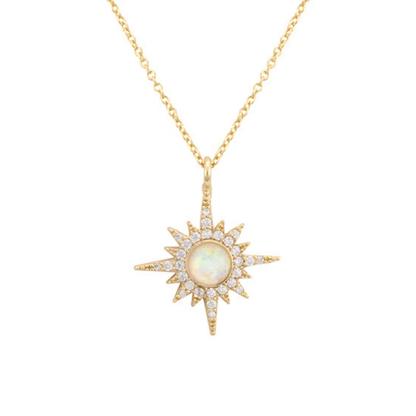 Dawn Round White Opal Sun Pendant Necklace, Gold - Zahra Jewelry