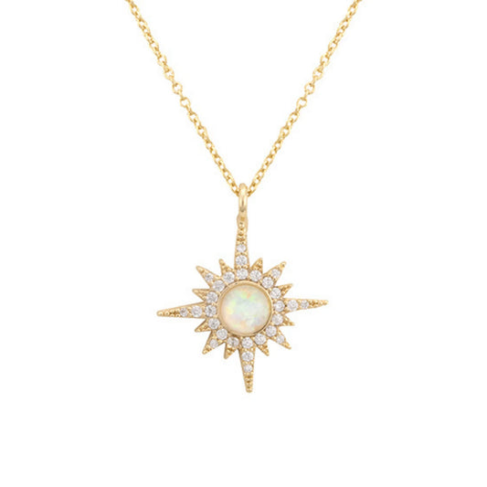 Dawn Round White Opal Sun Pendant Necklace, Gold - Zahra Jewelry