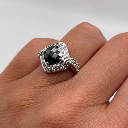 Gemma Square Jet and CZ Diamond Ring, Silver - Zahra Jewelry