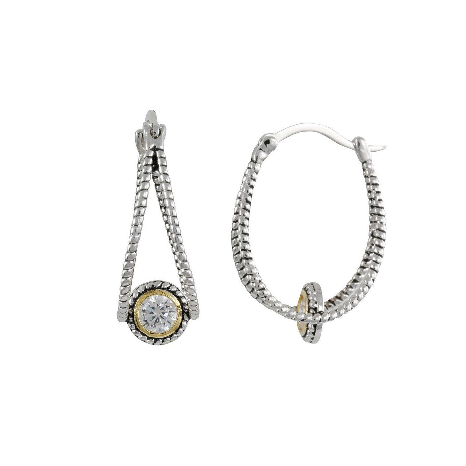 Ava Twisted CZ Diamond Hoop Earrings, 2 Tone Silver & Gold - Zahra Jewelry