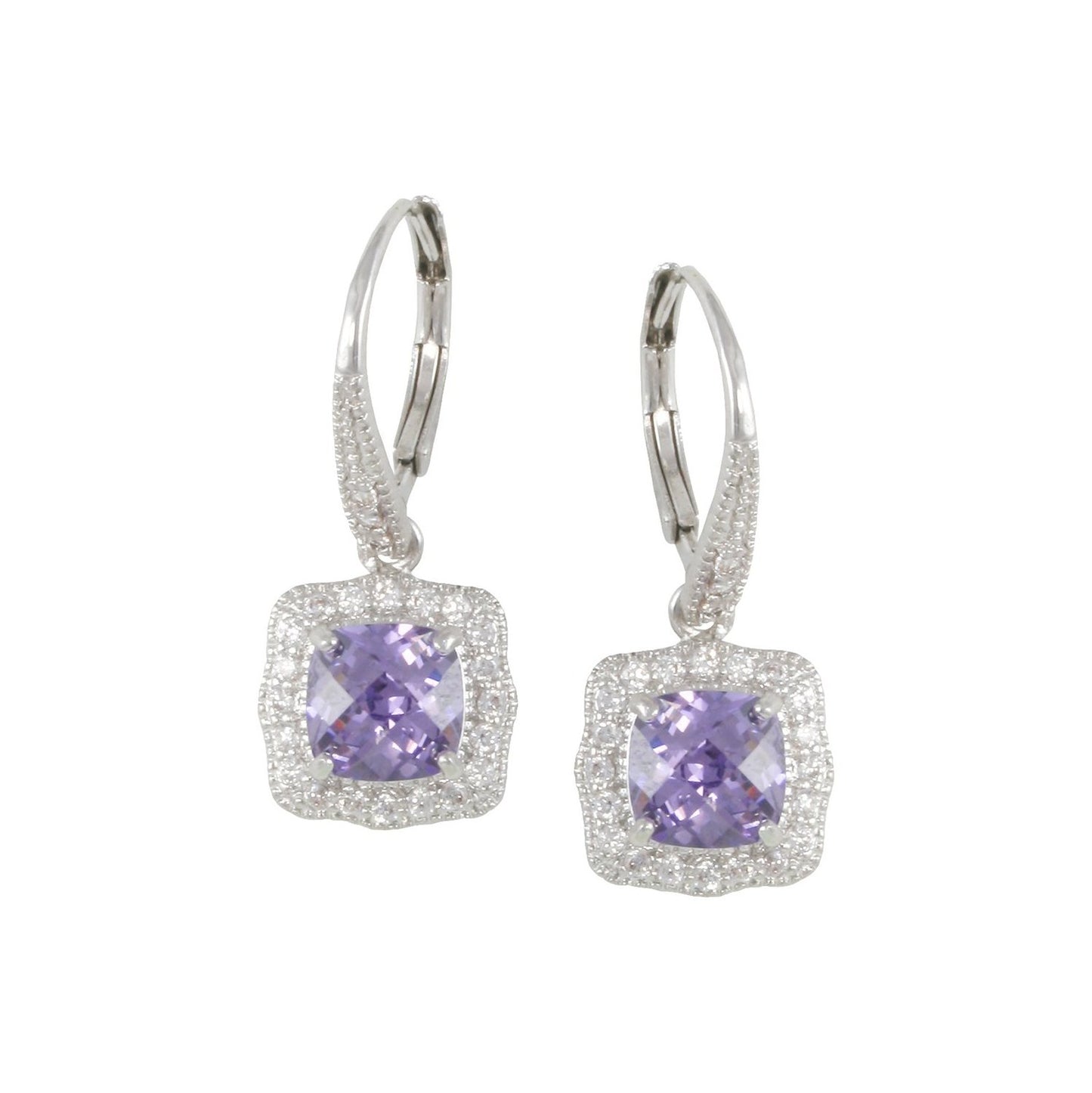 Violet Cushion Cut CZ Amethyst Earrings, Silver - Zahra Jewelry