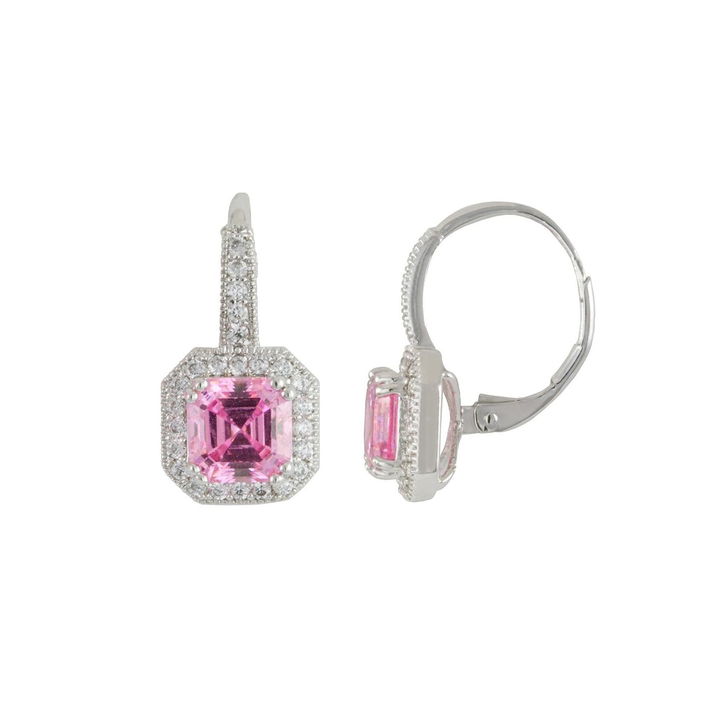 Rosa Square Pink CZ Diamond Earrings, Silver - Zahra Jewelry