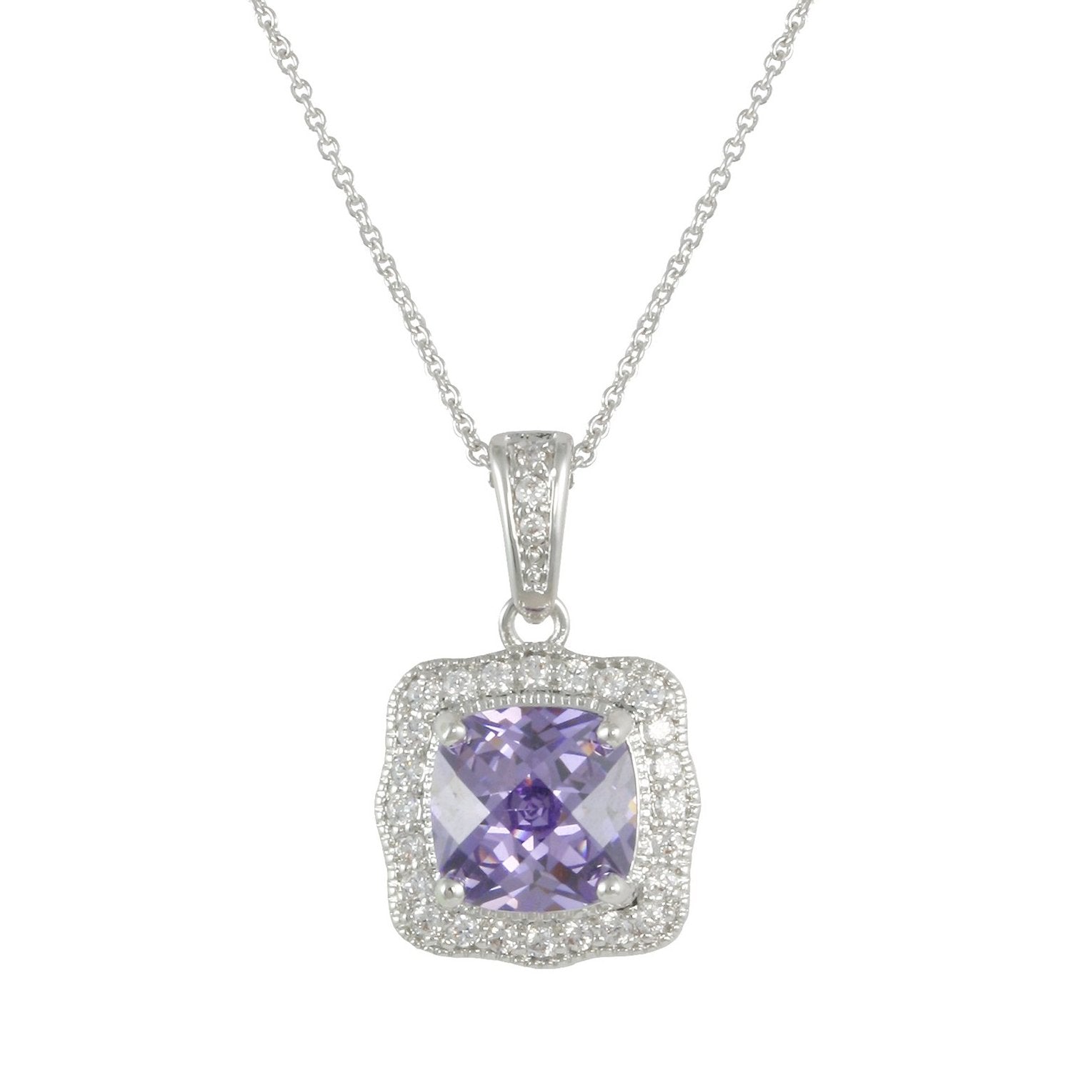 Violet Cushion Cut CZ Amethyst Pendant Necklace, Silver - Zahra Jewelry