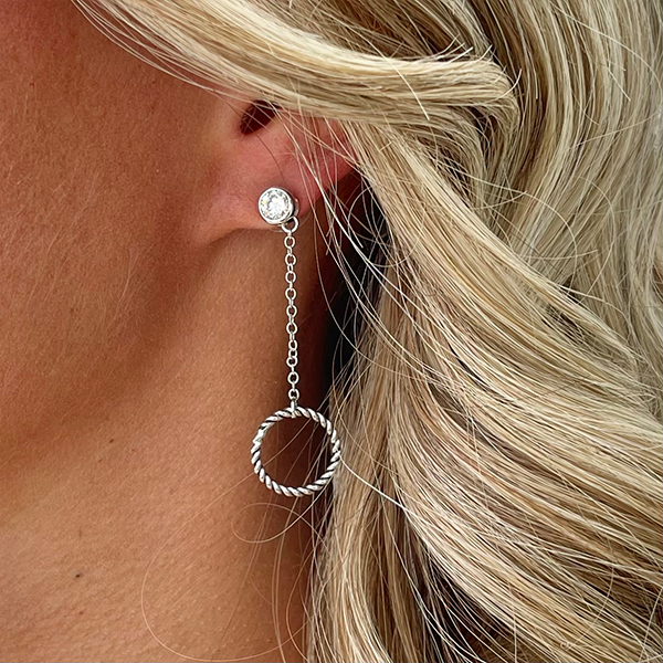 Logan CZ Diamond and Drop Circle Earrings, Silver - Zahra Jewelry