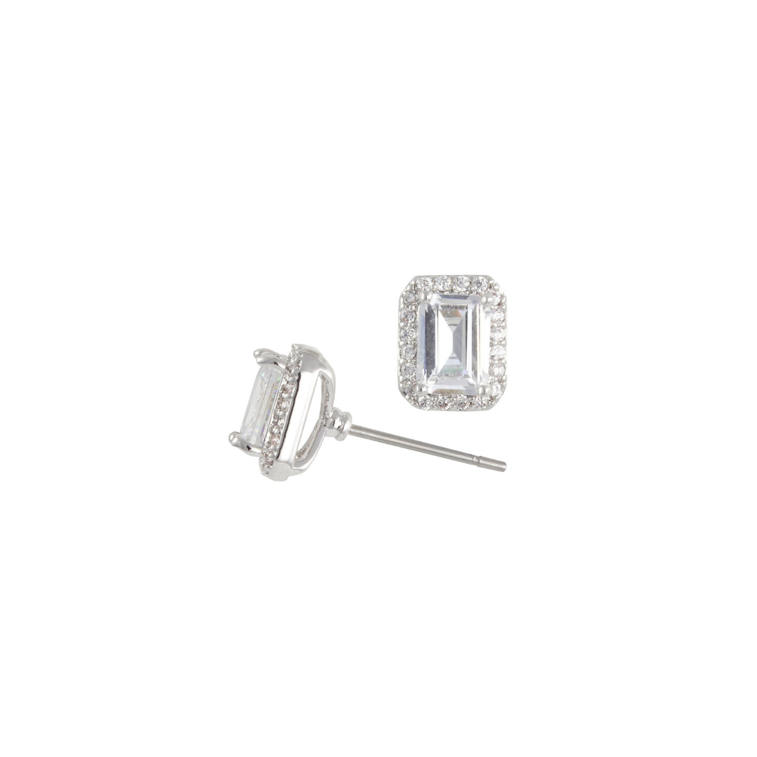Gaby 1 Ct. Emerald Cut CZ Diamond Stud Earrings, Silver - Zahra Jewelry