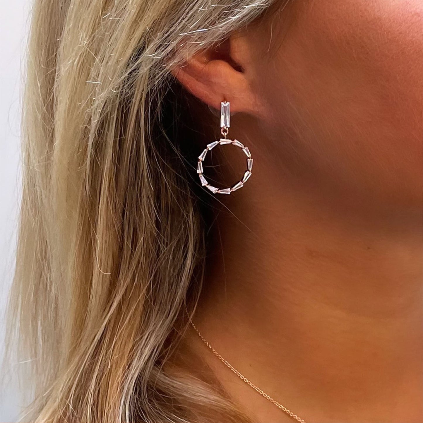 Luna Circle Baguette CZ Diamond Drop Earrings, Rose Gold - Zahra Jewelry