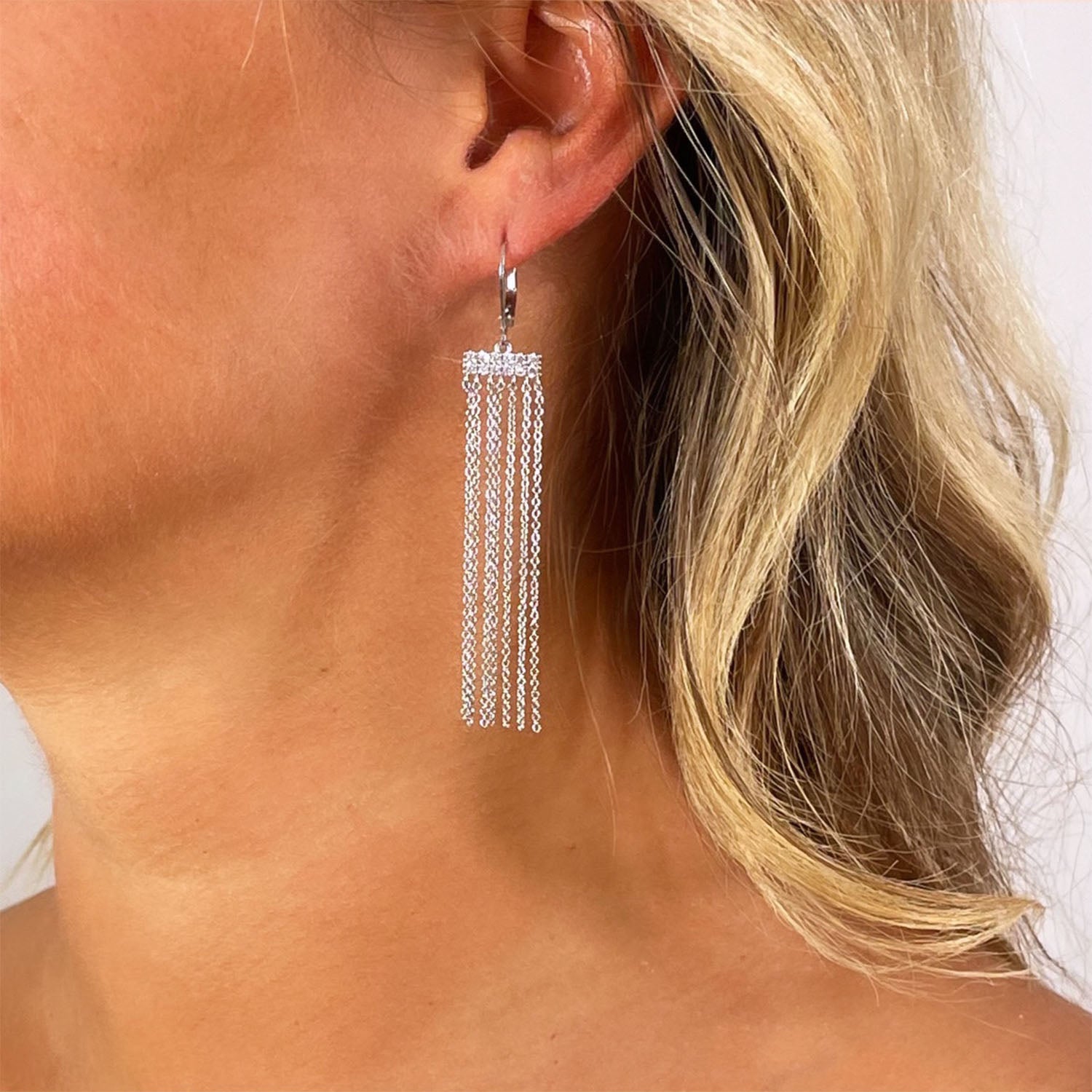 Mari Fringe Tassel Earrings with CZ Pave Diamonds, Silver - Zahra Jewelry