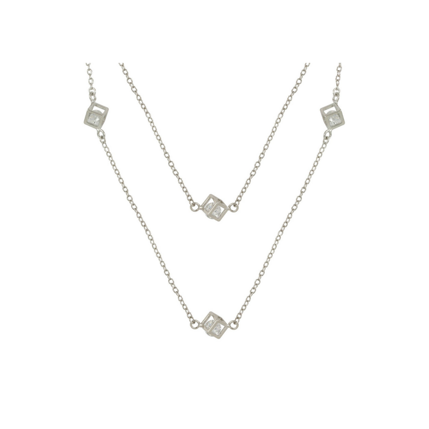 Tess 4-Way Long CZ Diamond Station Necklace, Silver - Zahra Jewelry