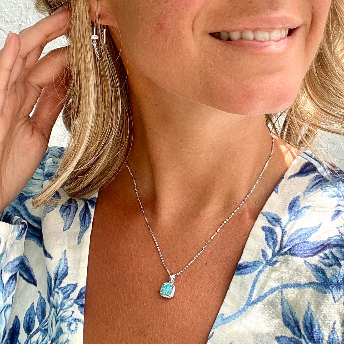 River Square Blue Opal Pendant Necklace, Silver - Zahra Jewelry