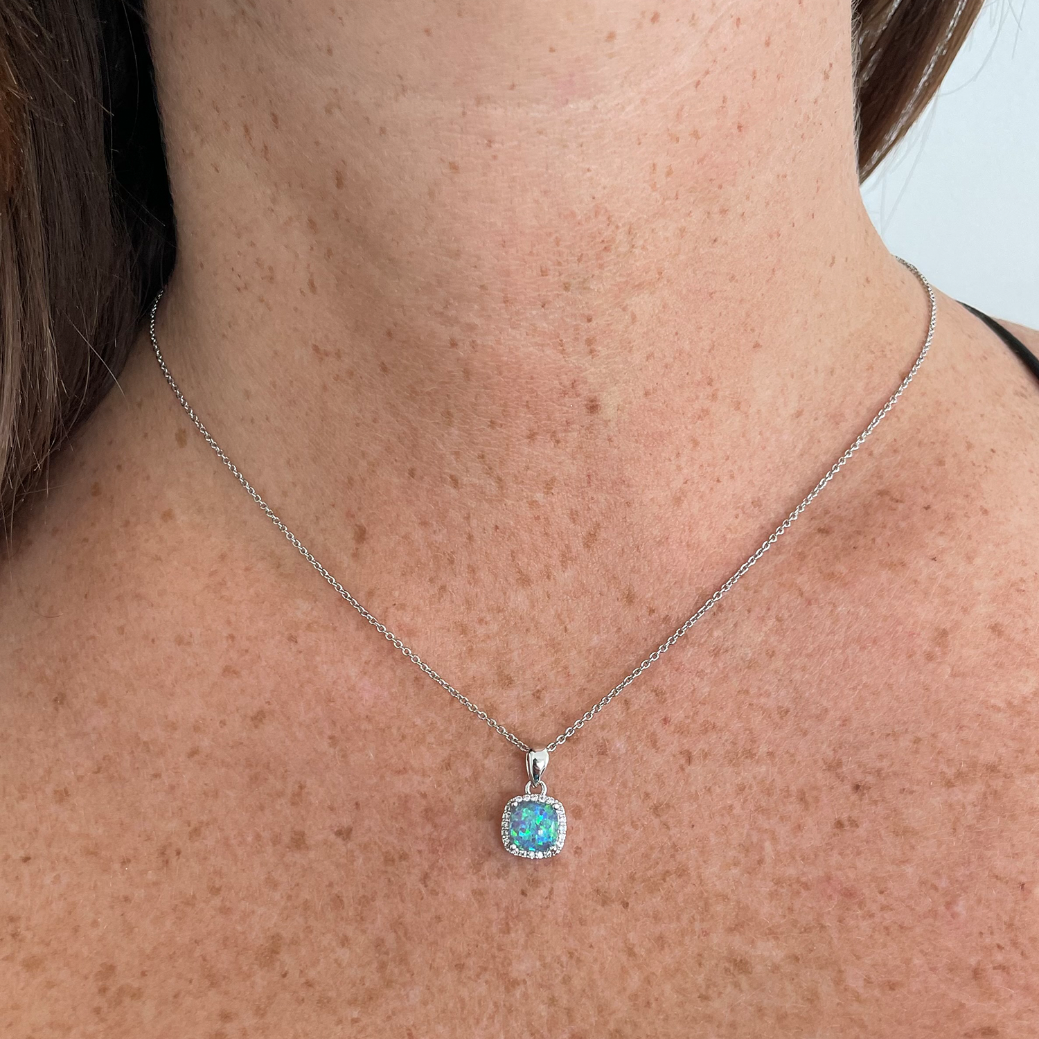 River Square Blue Opal Pendant Necklace, Silver - Zahra Jewelry