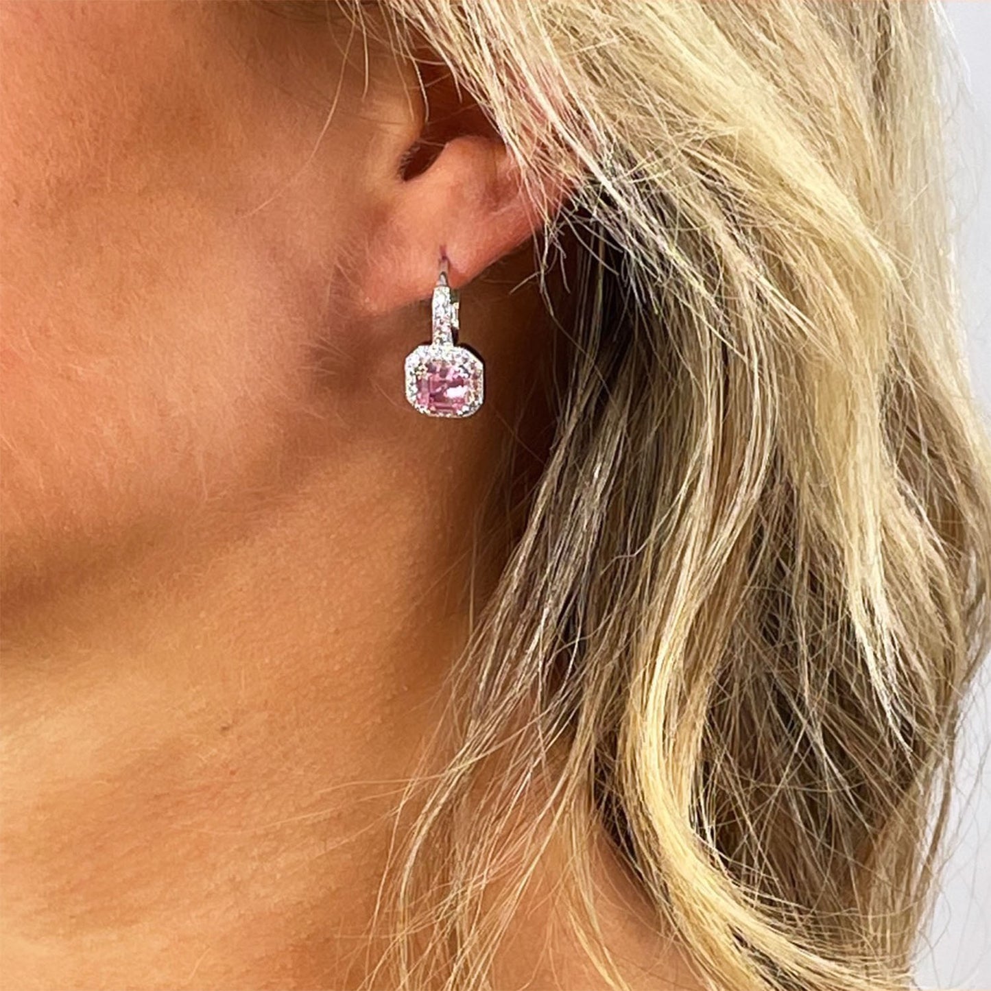 Rosa Square Pink CZ Diamond Earrings, Silver - Zahra Jewelry