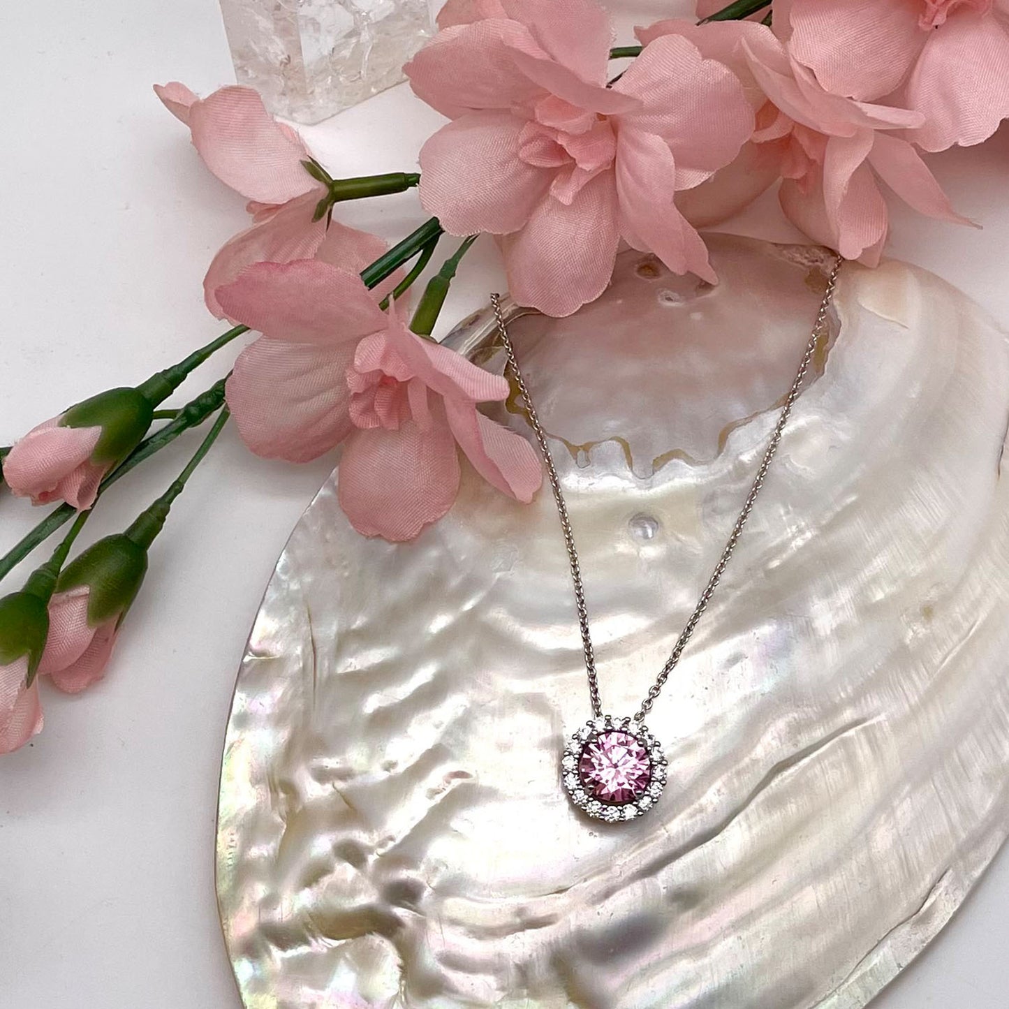 Rosa Round Pink CZ Diamond Pendant Necklace, Silver - Zahra Jewelry