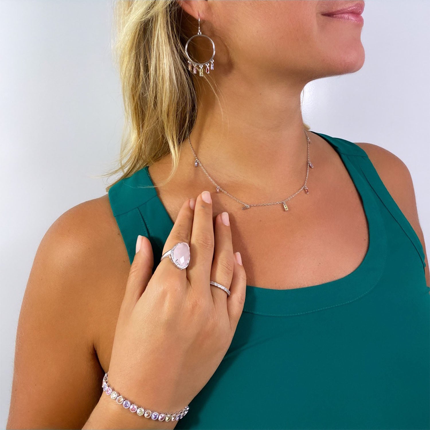 Roxy Boho Set, Silver with Multi-Color Gems - Zahra Jewelry