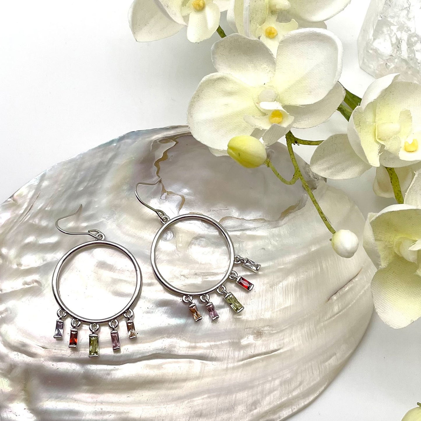 Roxy Boho Earrings, Silver with Multi-Color Gems - Zahra Jewelry