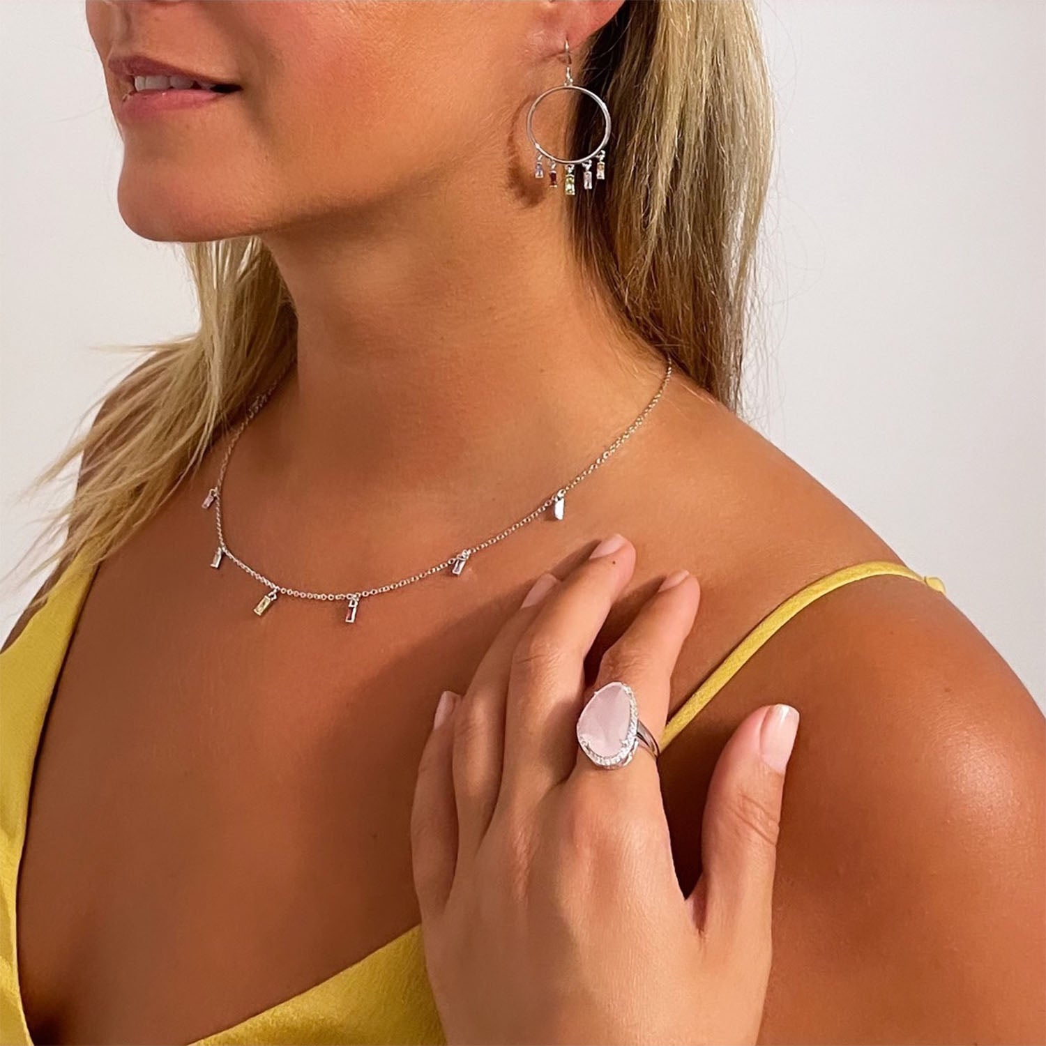 Roxy Boho Necklace, Silver with Multi-Color Gems - Zahra Jewelry