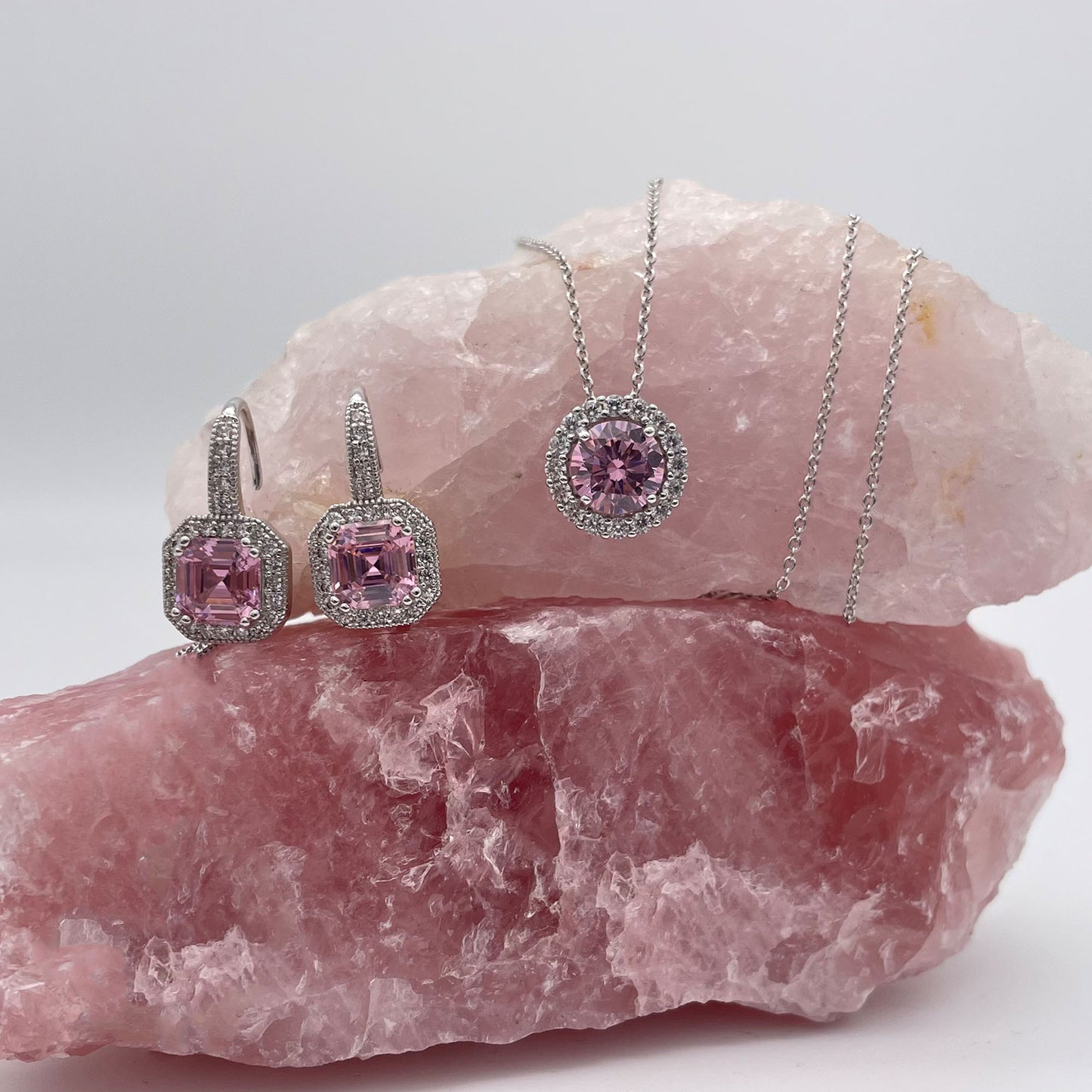 Rosa Pink CZ Diamond Set, Silver - Zahra Jewelry