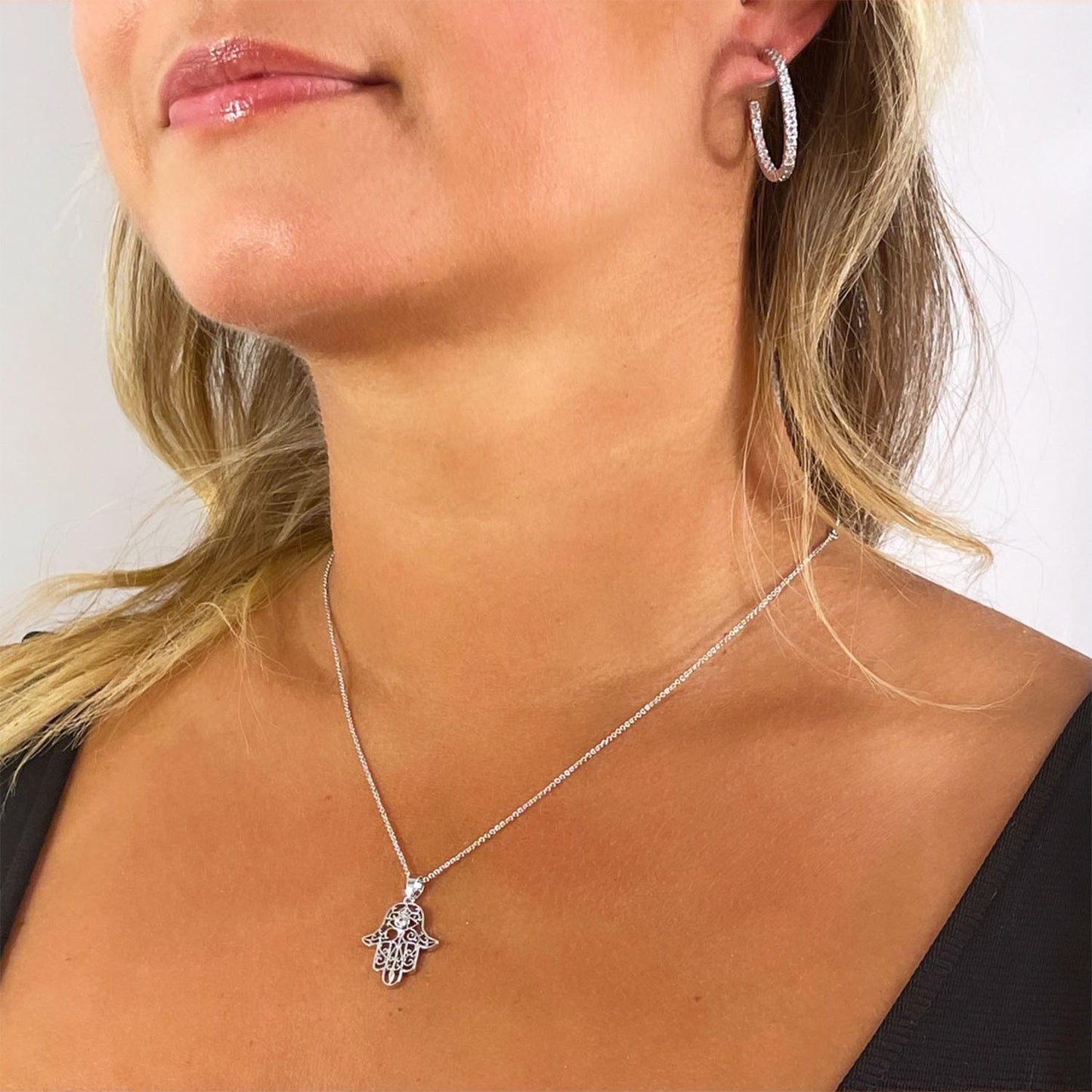 Sienna Hamsa CZ Diamond Pendant Necklace, Silver - Zahra Jewelry