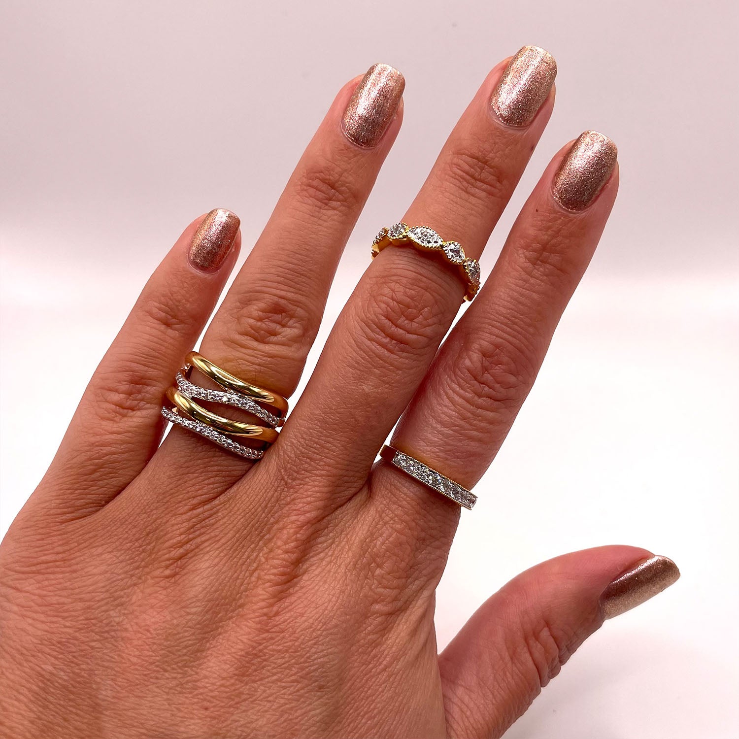 Tali 4-Row Wavy CZ Diamond Ring, Gold - Zahra Jewelry