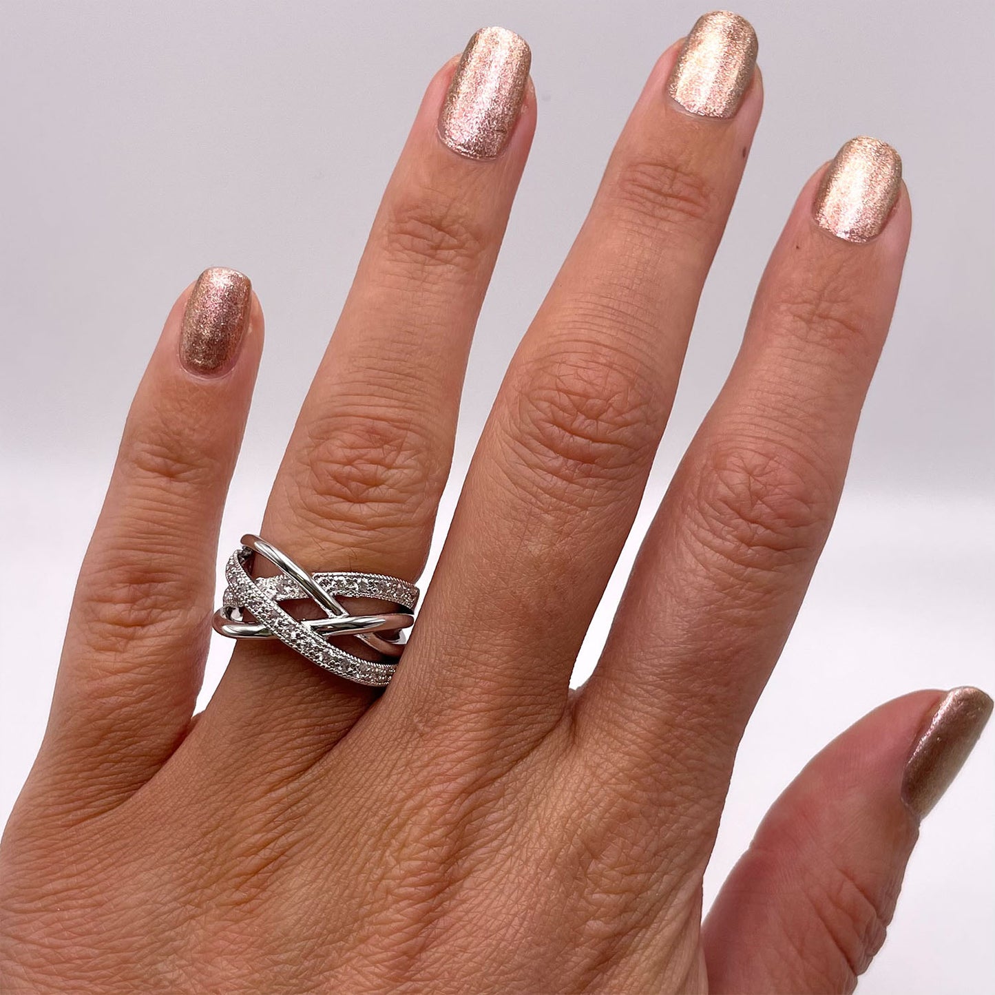 Tina Criss-Cross CZ Diamond Ring, Silver - Zahra Jewelry