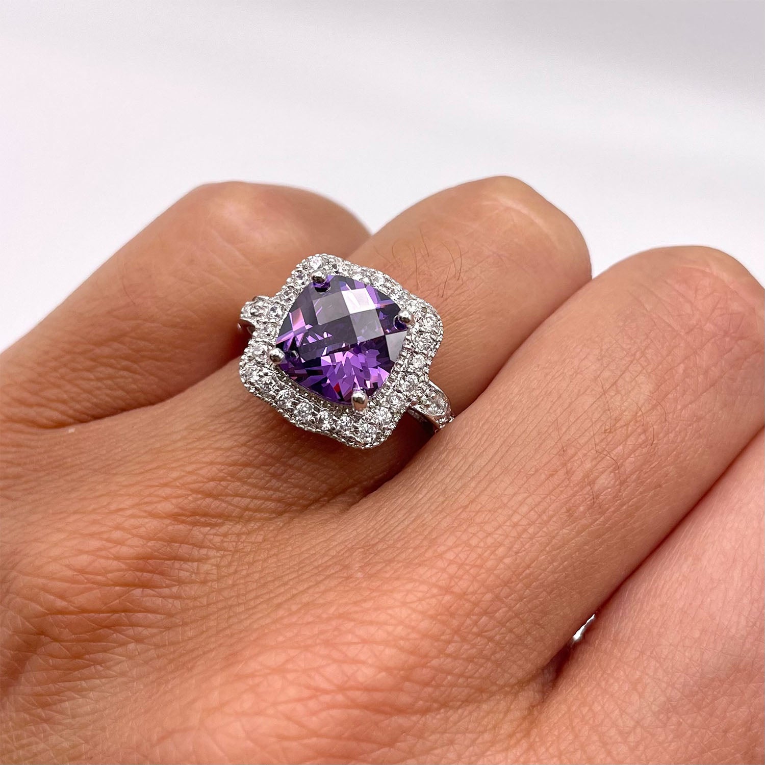 Violet Cushion Cut CZ Amethyst Ring, Silver - Zahra Jewelry