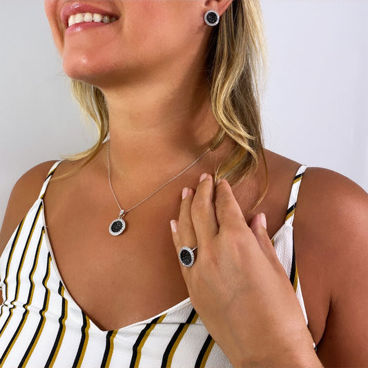 Willa CZ Pave Black Diamond Circle Icon Stud Earrings, Silver - Zahra Jewelry
