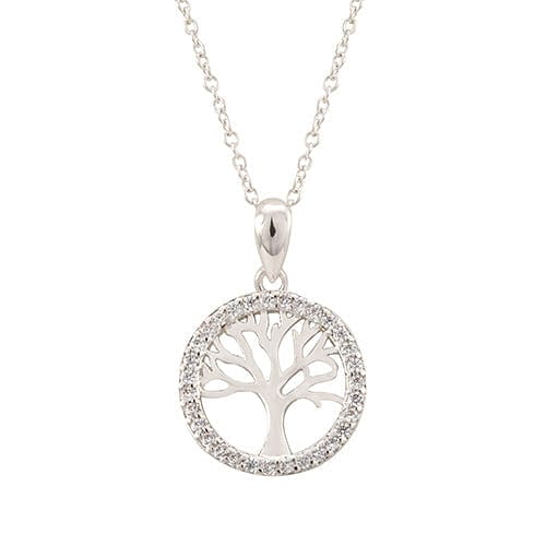 Arbol Tree of Life CZ Circle Pendant Necklace, Silver