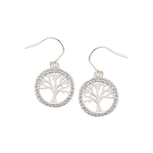 Arbol Tree of Life CZ Circle Drop Earrings, Silver
